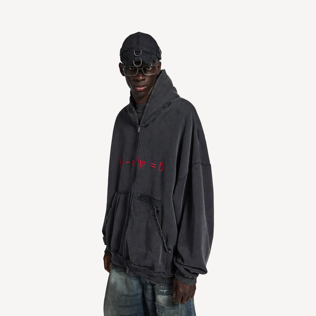 BALENCIAGA DIRAC EQUATION PULLED LARGE FIT ZIP-UP HOODIE IN WASHED BLACK/RED