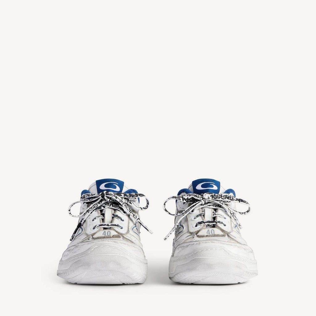 BALENCIAGA HAMPTONS WORN-OUT SNEAKER IN WHITE/DARK BLUE/GREY