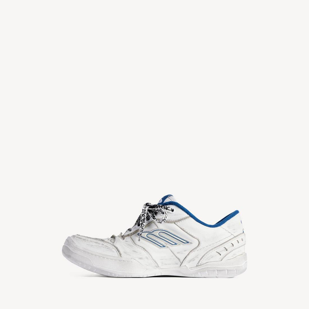 BALENCIAGA HAMPTONS WORN-OUT SNEAKER IN WHITE/DARK BLUE/GREY