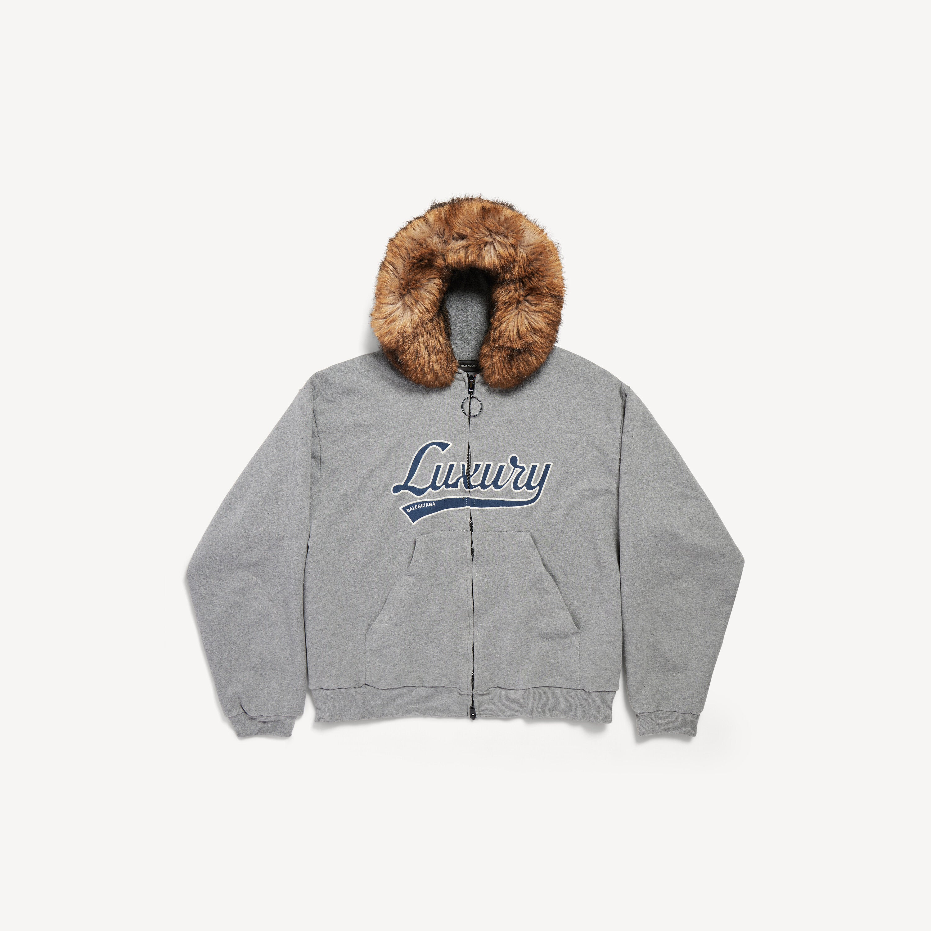 BALENCIAGA LUXURY SCRIPT OVERSIZED ZIP-UP HOODIE IN DARK HEATHER GREY