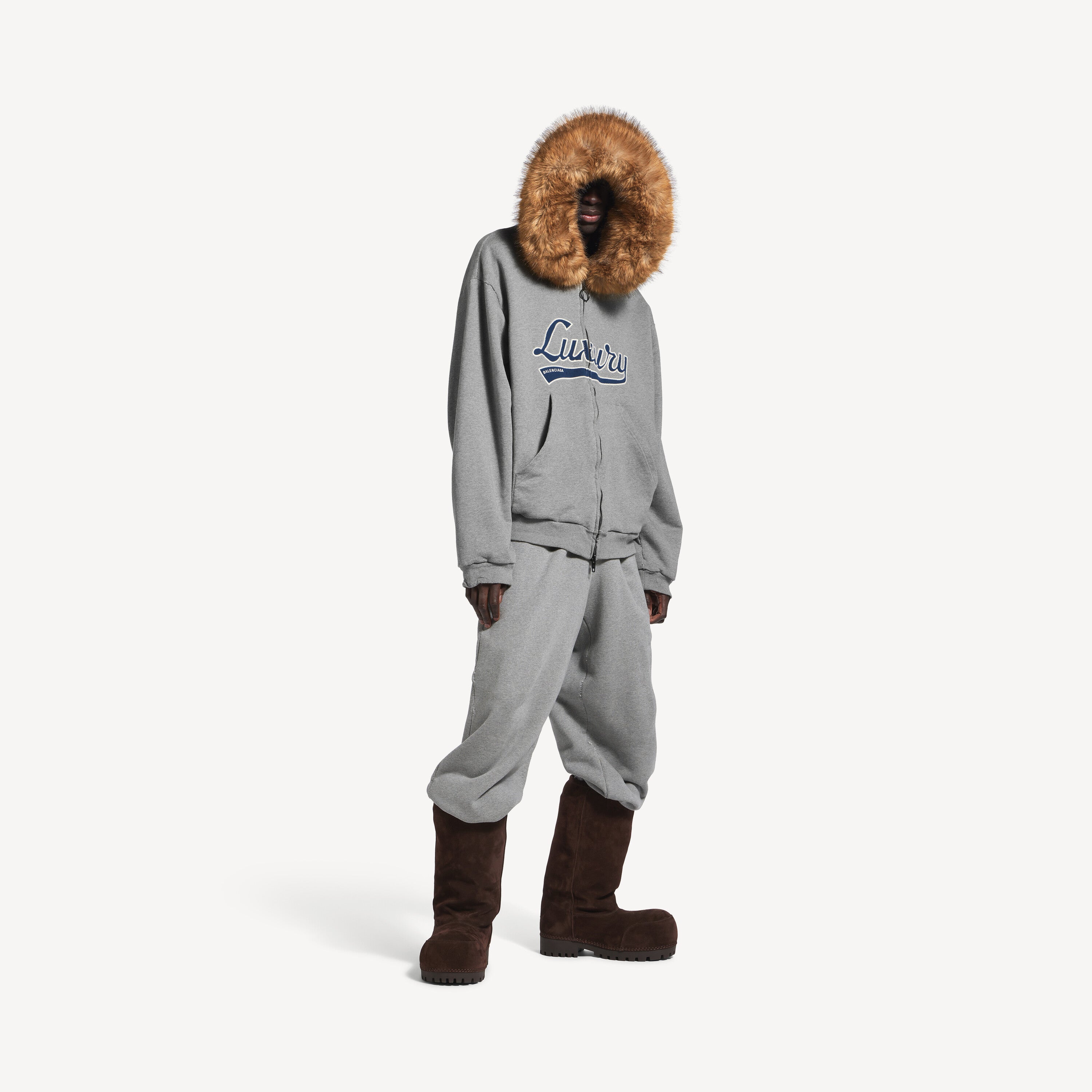 BALENCIAGA LUXURY SCRIPT OVERSIZED ZIP-UP HOODIE IN DARK HEATHER GREY