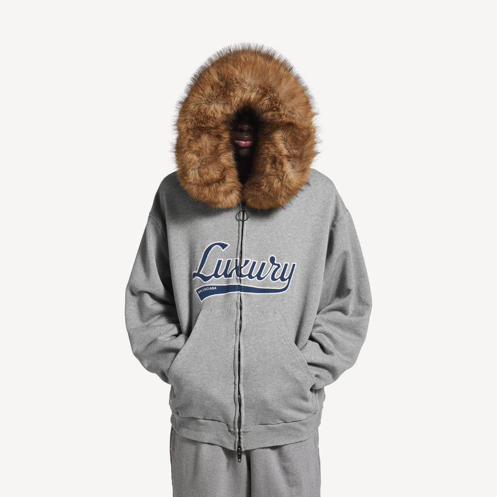 BALENCIAGA LUXURY SCRIPT OVERSIZED ZIP-UP HOODIE IN DARK HEATHER GREY