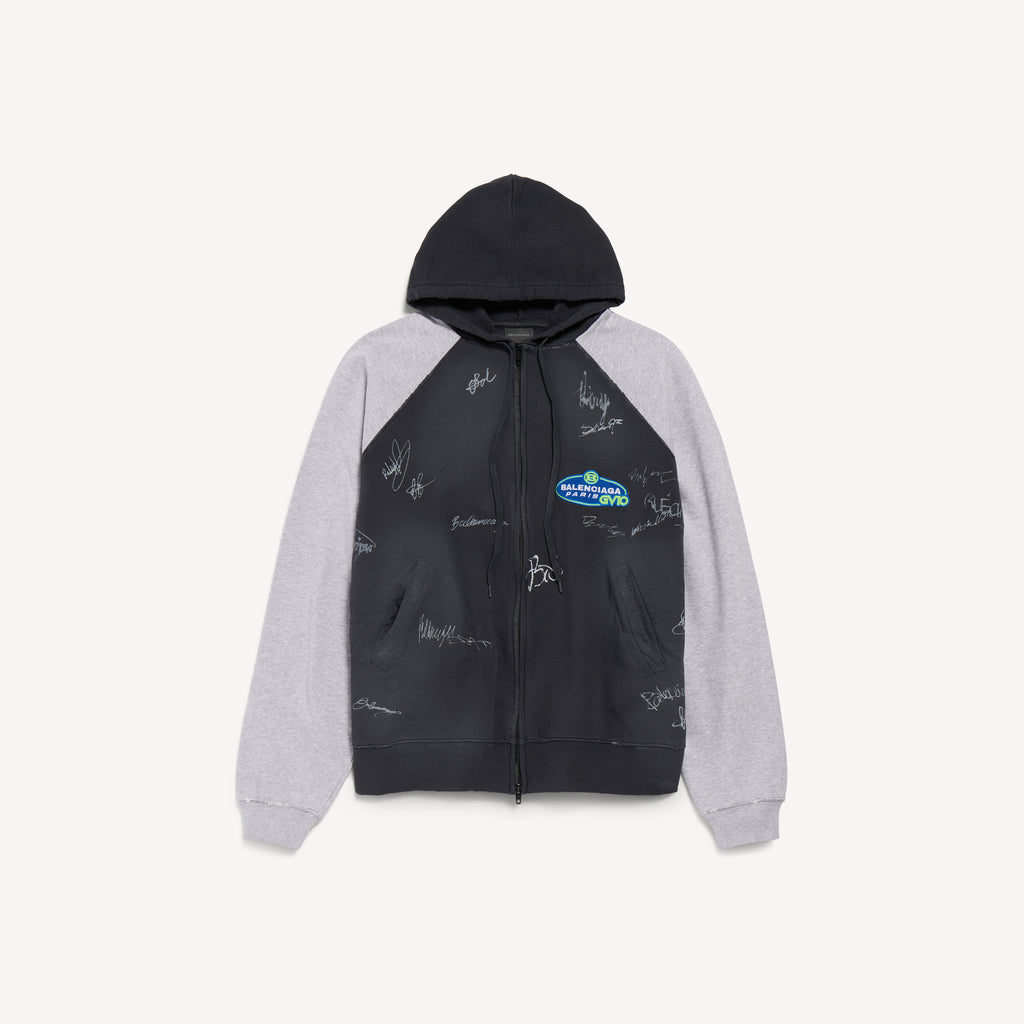 BALENCIAGA BANANA RAGLAN OVERSIZED ZIP-UP HOODIE IN FADED BLACK