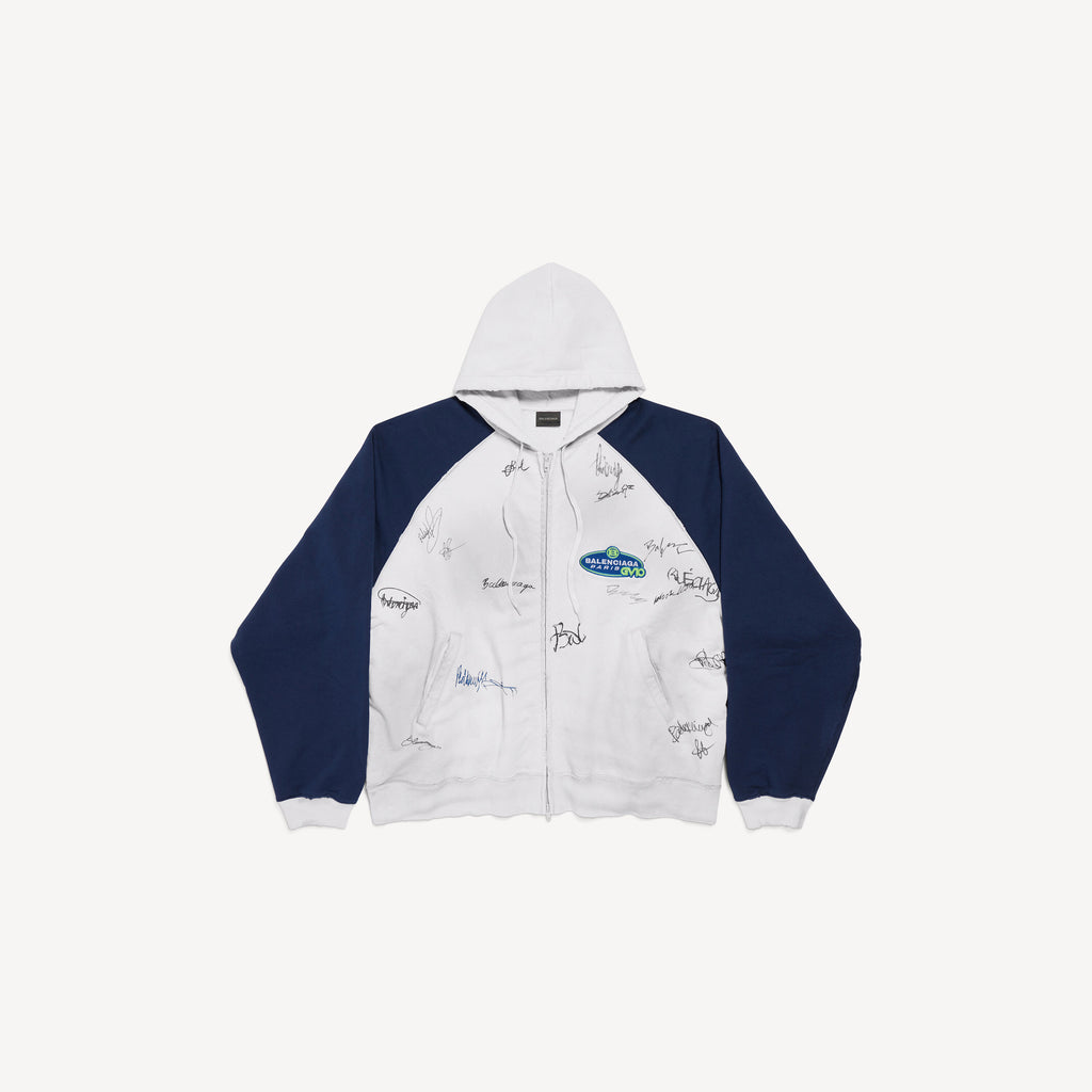 BALENCIAGA BANANA RAGLAN OVERSIZED ZIP-UP HOODIE IN DIRTY WHITE/BLUE