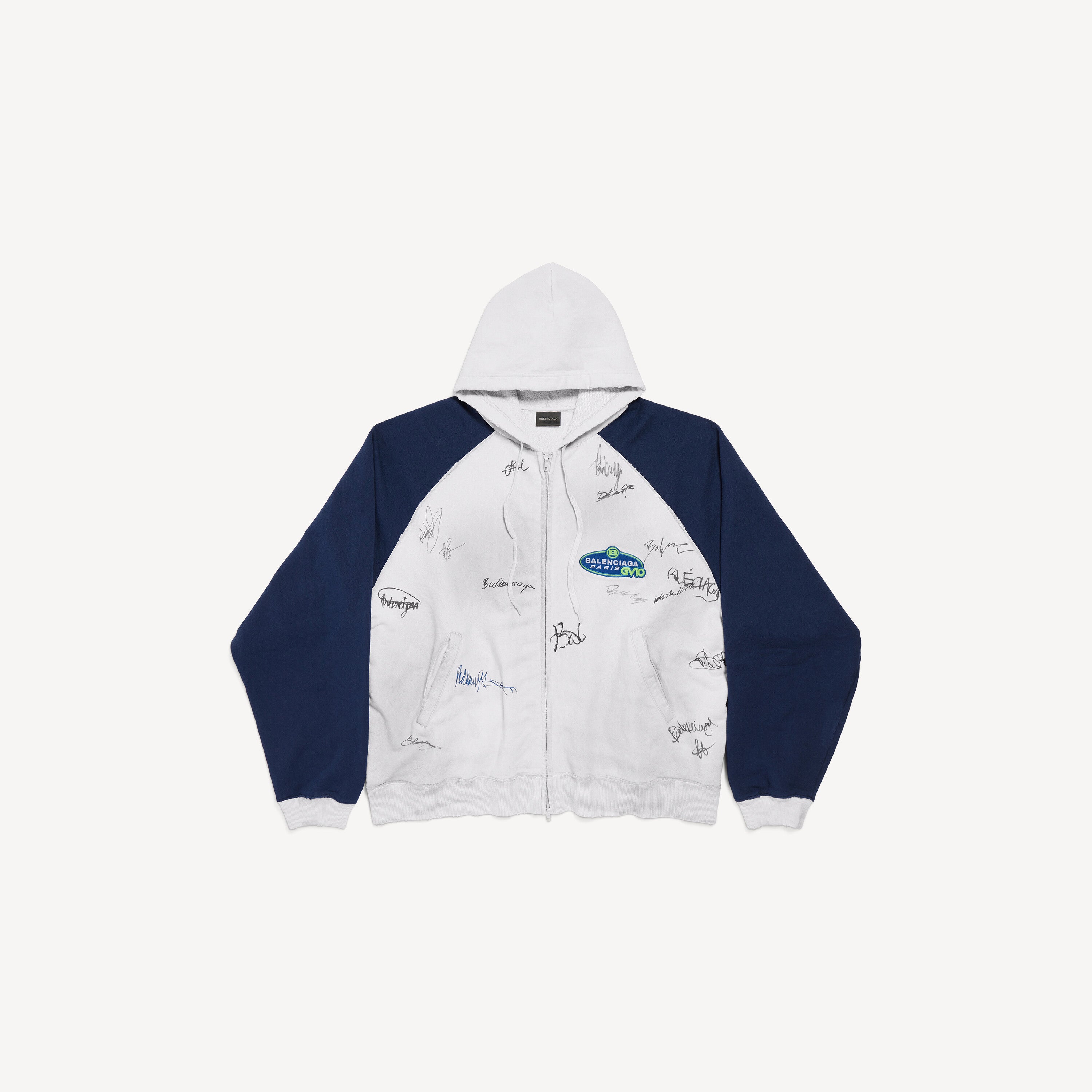 BALENCIAGA BANANA RAGLAN OVERSIZED ZIP-UP HOODIE IN DIRTY WHITE/BLUE