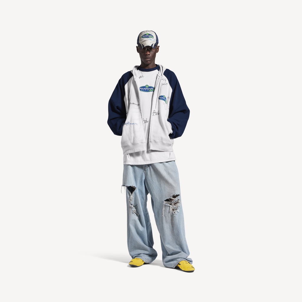 BALENCIAGA BANANA RAGLAN OVERSIZED ZIP-UP HOODIE IN DIRTY WHITE/BLUE