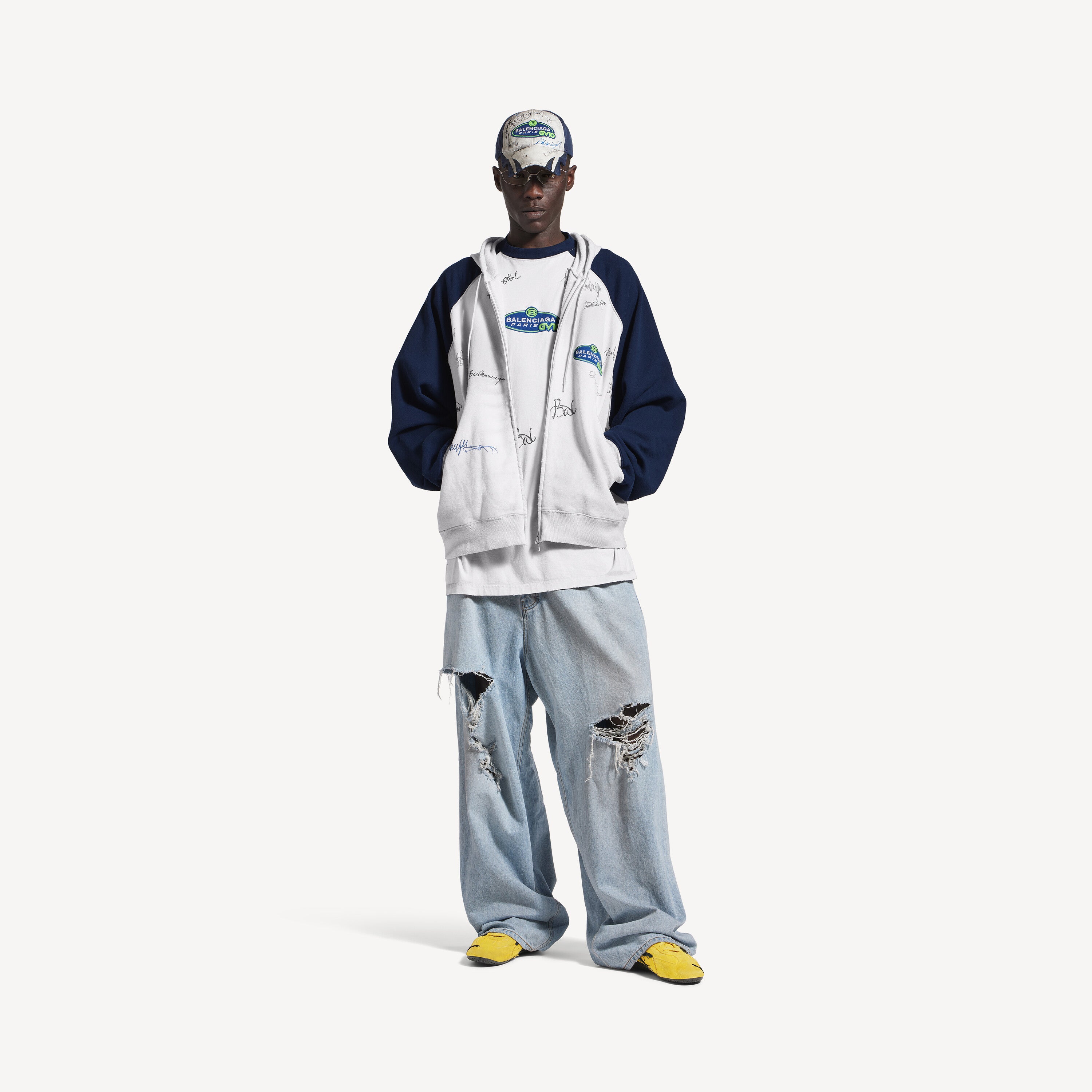 BALENCIAGA BANANA RAGLAN OVERSIZED ZIP-UP HOODIE IN DIRTY WHITE/BLUE