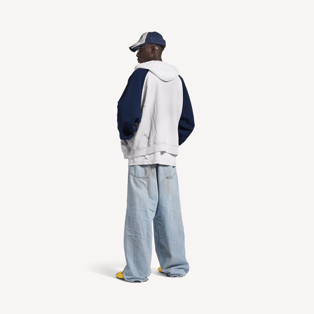 BALENCIAGA BANANA RAGLAN OVERSIZED ZIP-UP HOODIE IN DIRTY WHITE/BLUE