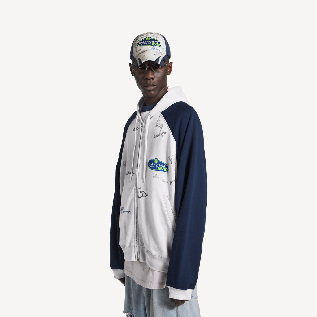 BALENCIAGA BANANA RAGLAN OVERSIZED ZIP-UP HOODIE IN DIRTY WHITE/BLUE