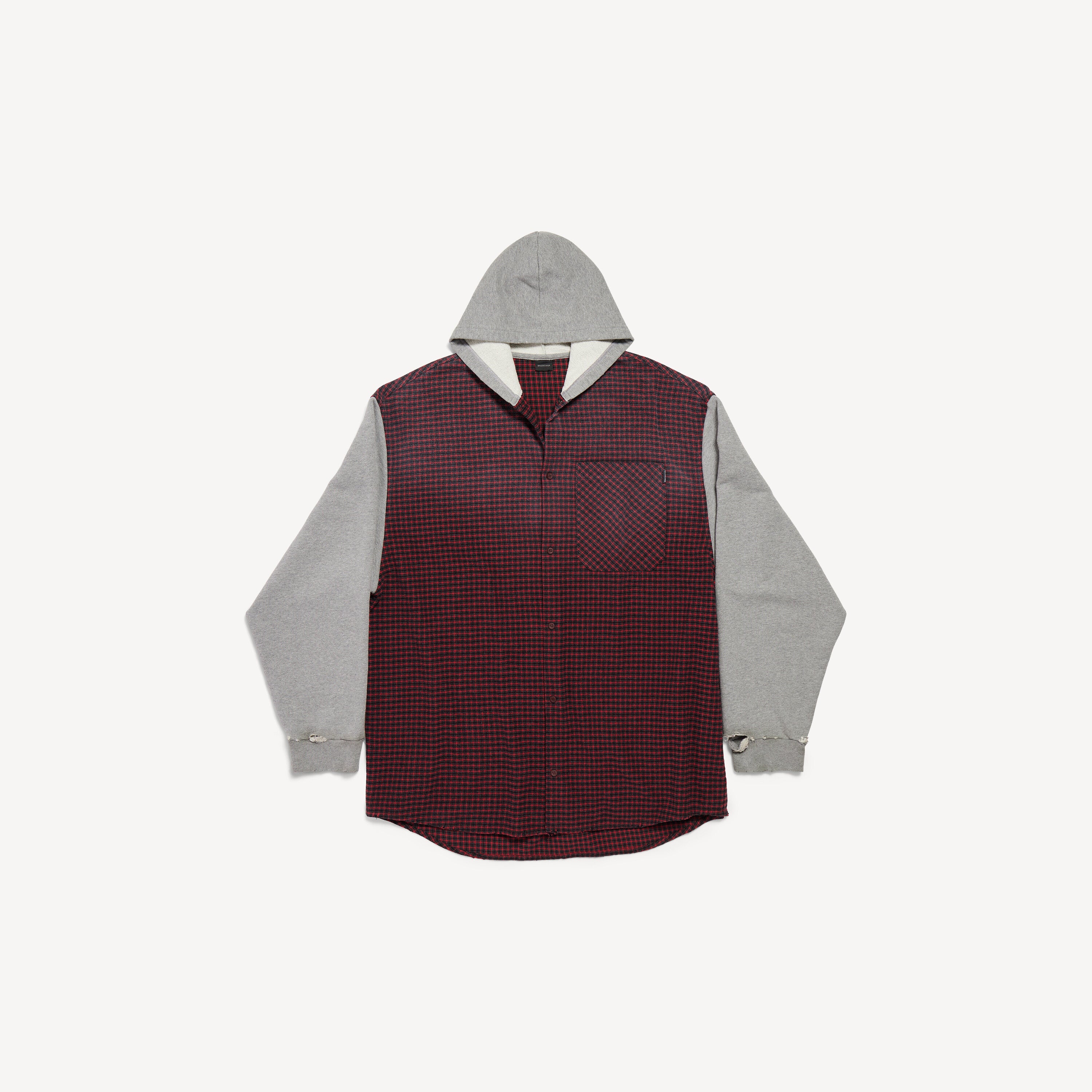 BALENCIAGA HOODED HYBRID SHIRT IN RED/GREY