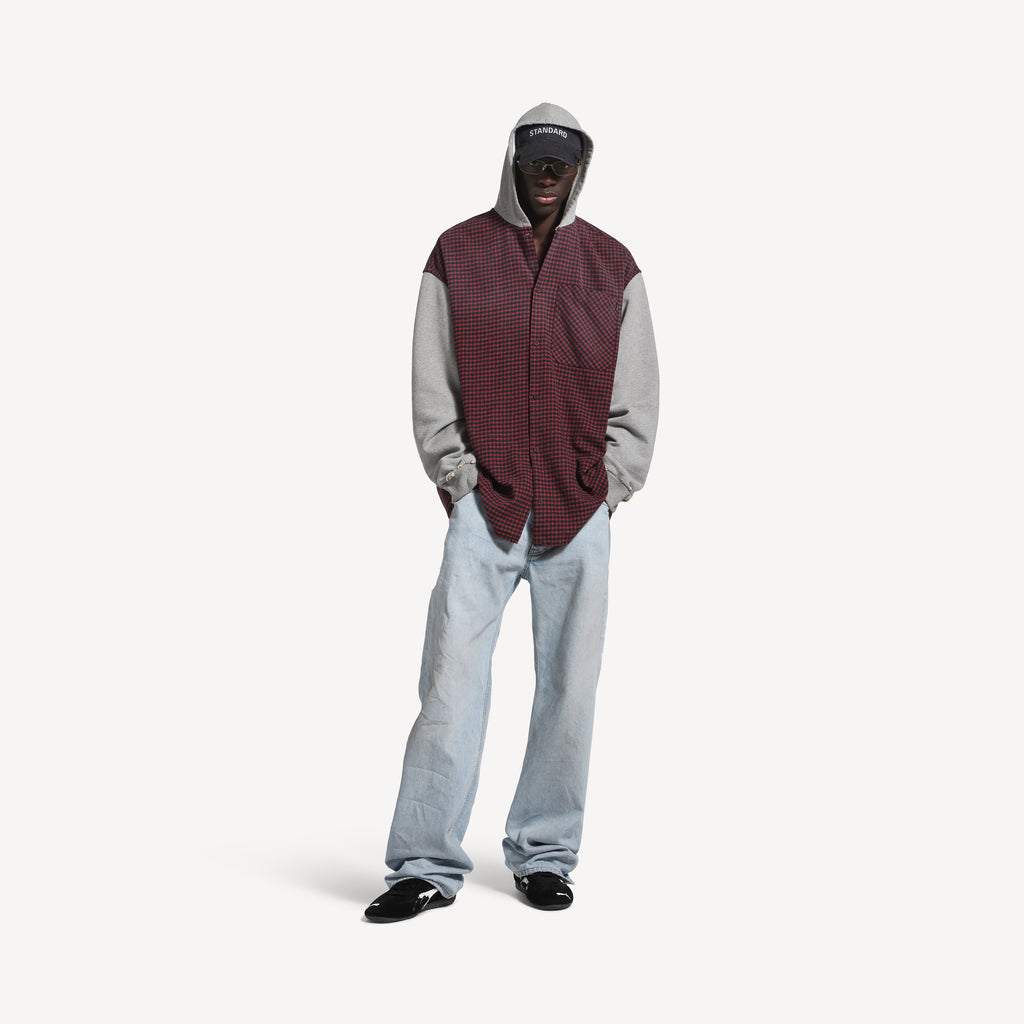 BALENCIAGA HOODED HYBRID SHIRT IN RED/GREY