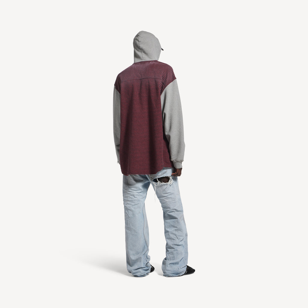 BALENCIAGA HOODED HYBRID SHIRT IN RED/GREY