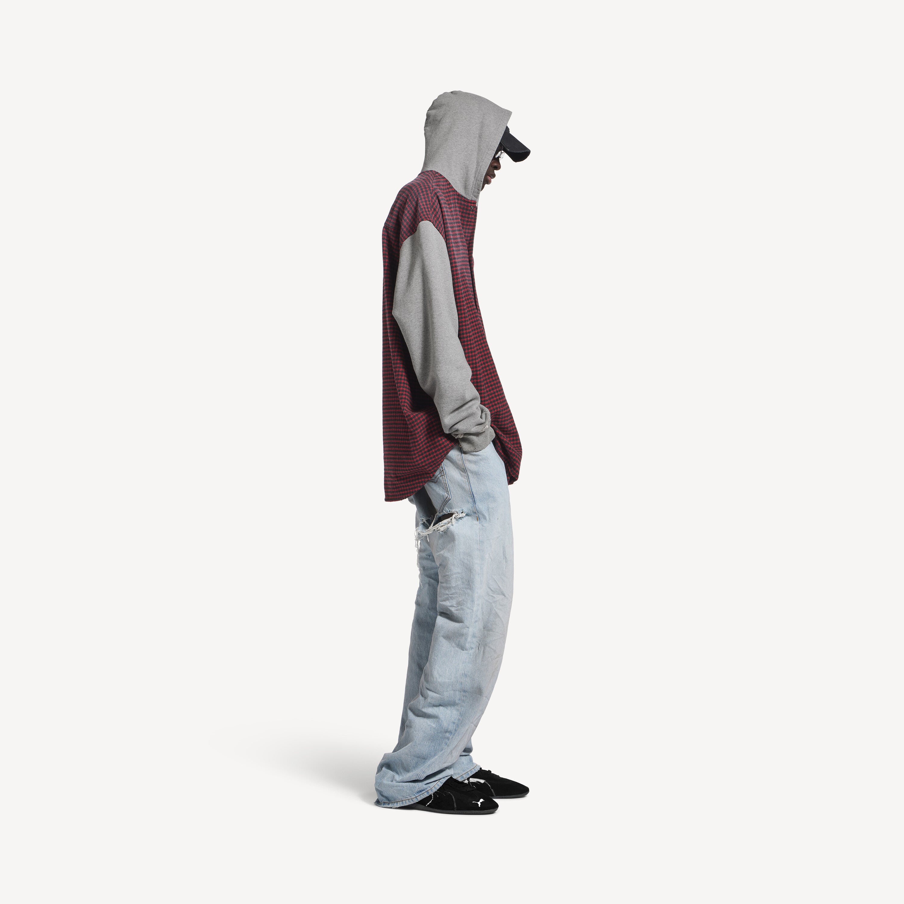 BALENCIAGA HOODED HYBRID SHIRT IN RED/GREY
