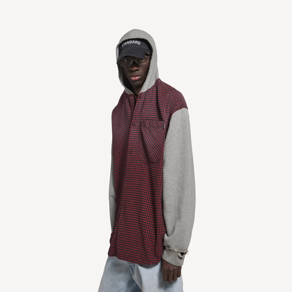 BALENCIAGA HOODED HYBRID SHIRT IN RED/GREY