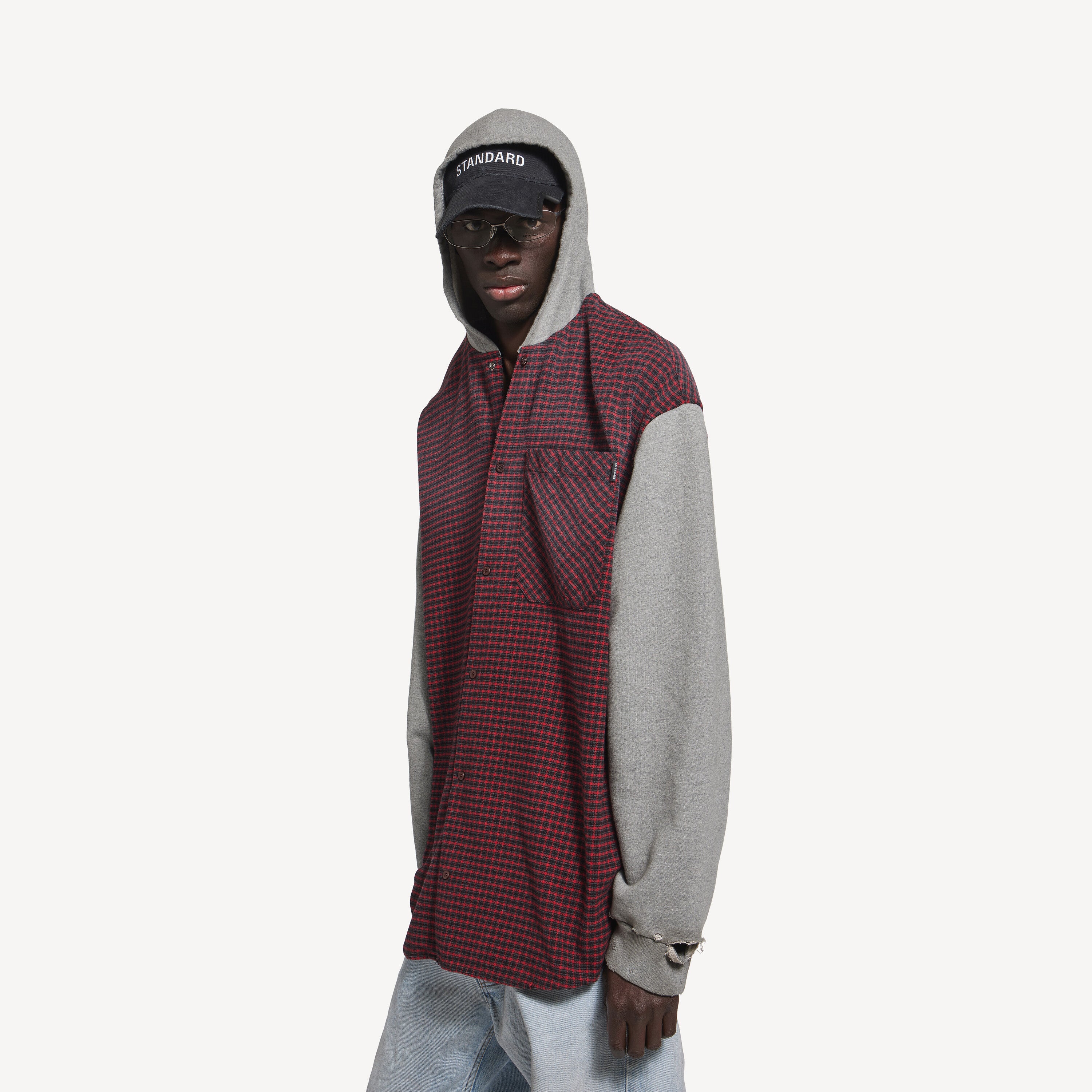 BALENCIAGA HOODED HYBRID SHIRT IN RED/GREY
