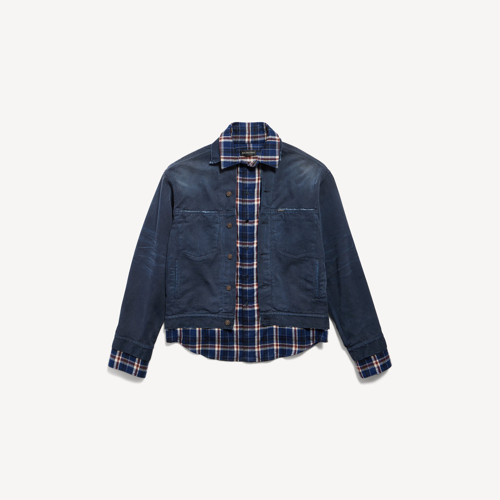 BALENCIAGA PATCHED SHIRT JACKET IN NAVY/DIRTY DARK BLUE