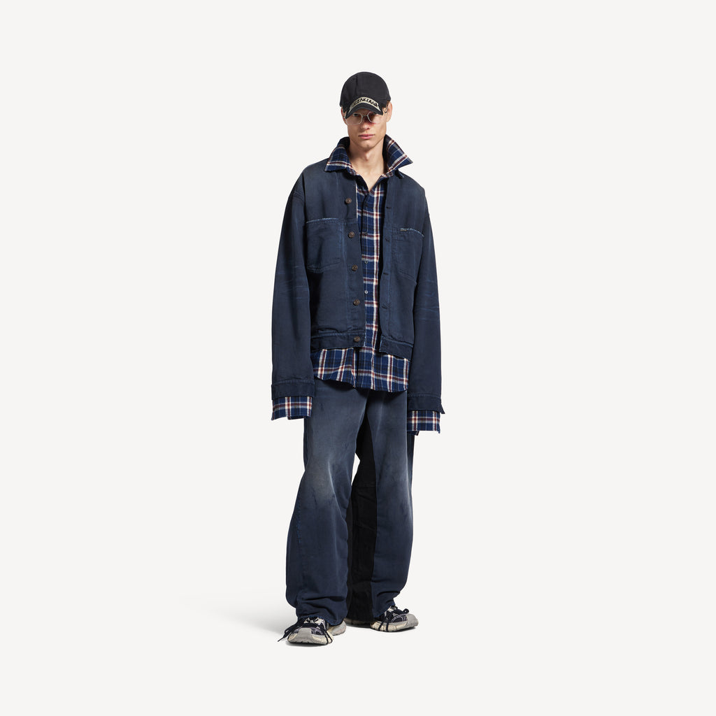 BALENCIAGA PATCHED SHIRT JACKET IN NAVY/DIRTY DARK BLUE