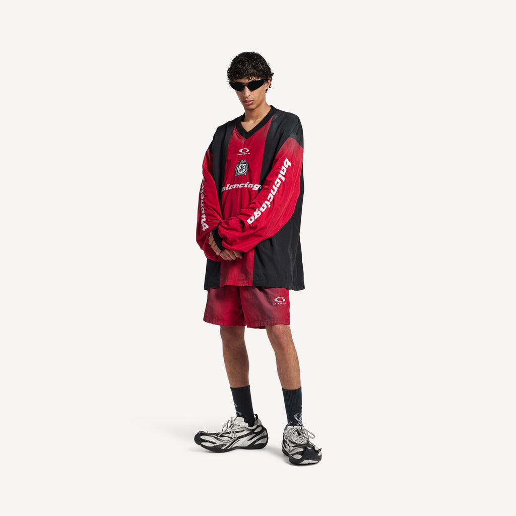 BALENCIAGA OUTERWEAR LONG SLEEVE TOP IN LIPSTICK RED/BLACK