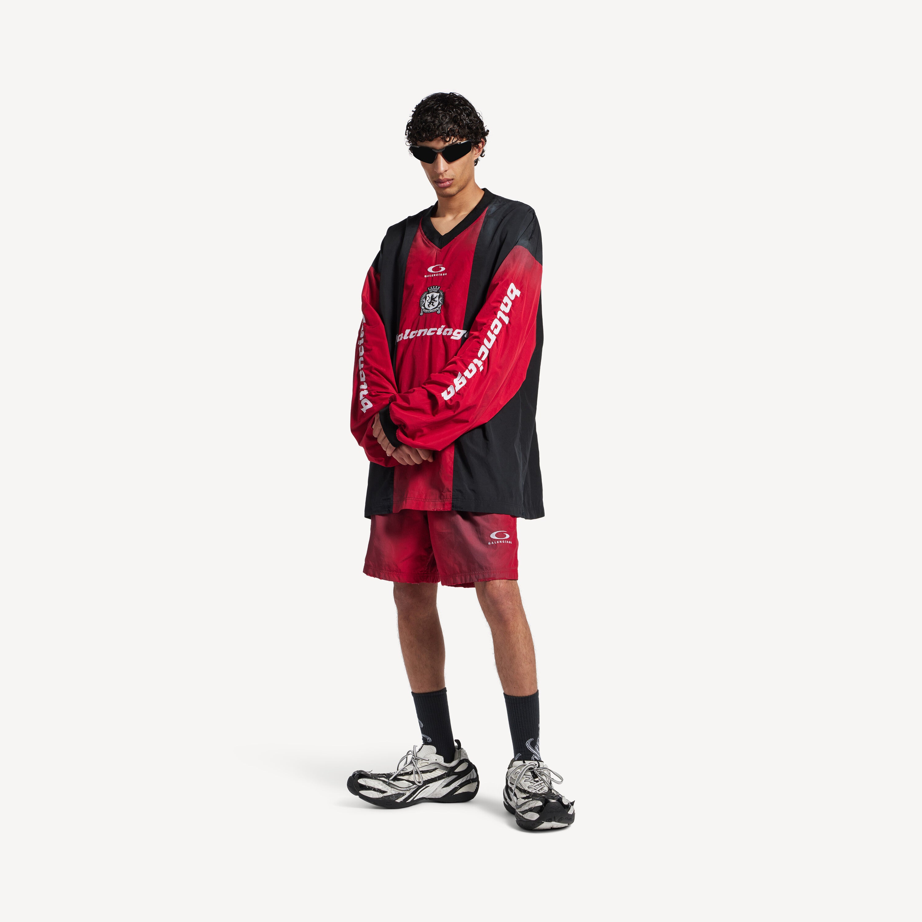 BALENCIAGA OUTERWEAR LONG SLEEVE TOP IN LIPSTICK RED/BLACK