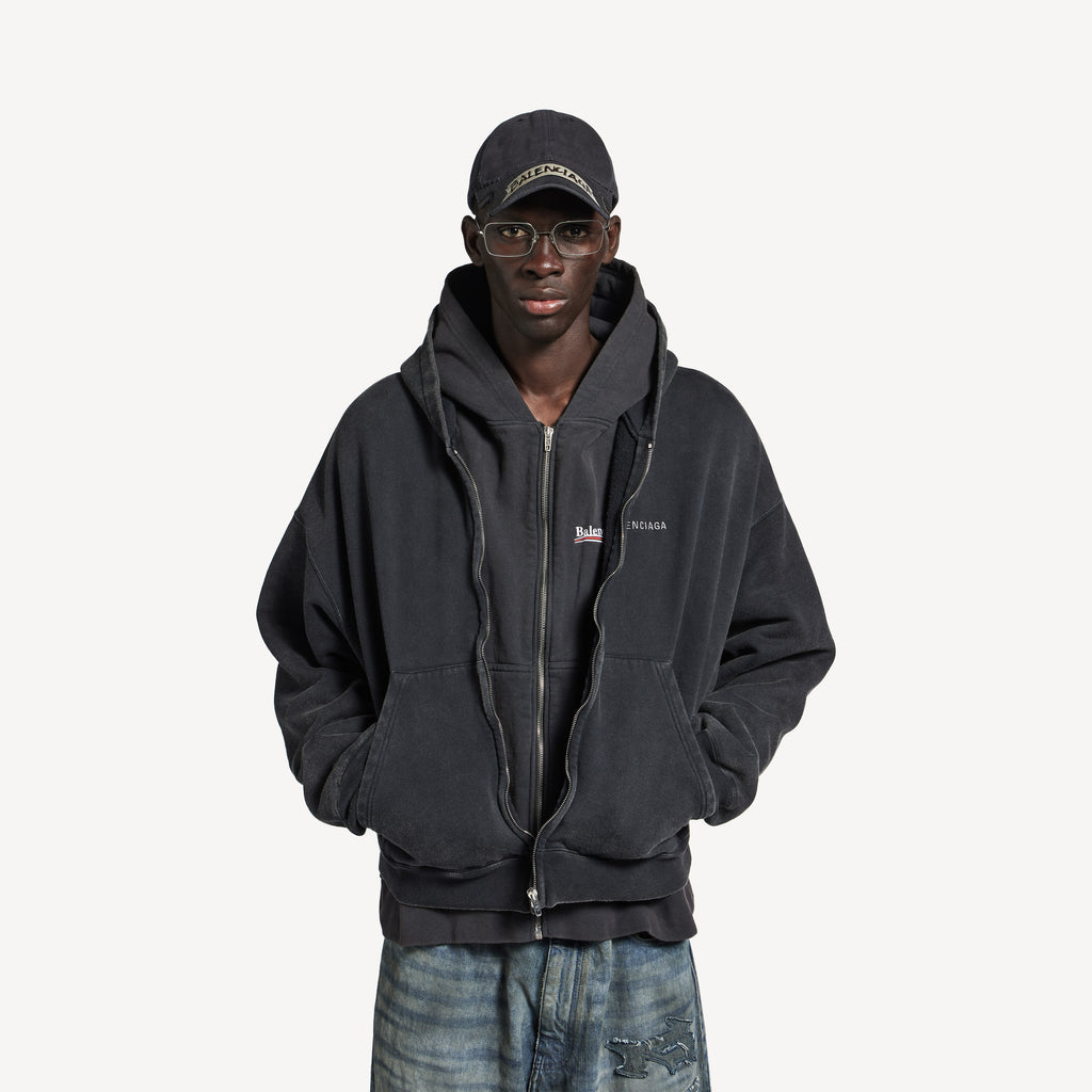 BALENCIAGA LAYERED ZIP-UP HOODIE IN FADED BLACK