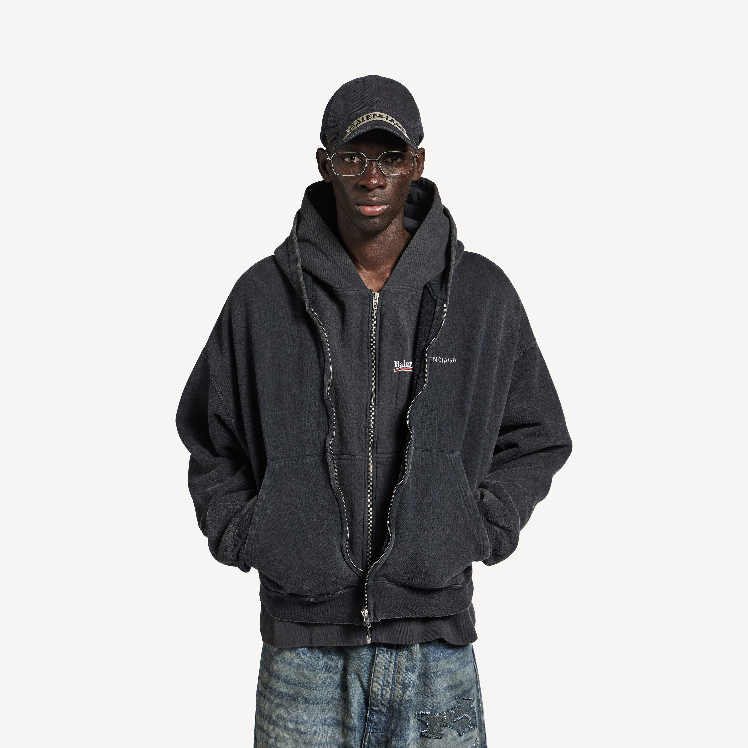 BALENCIAGA LAYERED ZIP-UP HOODIE IN FADED BLACK