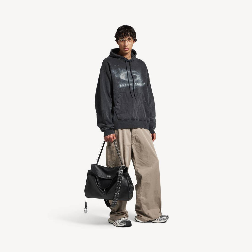 BALENCIAGA WASHED CRAYON LOOP OVERSIZED HOODIE IN WASHED BLACK/WHITE