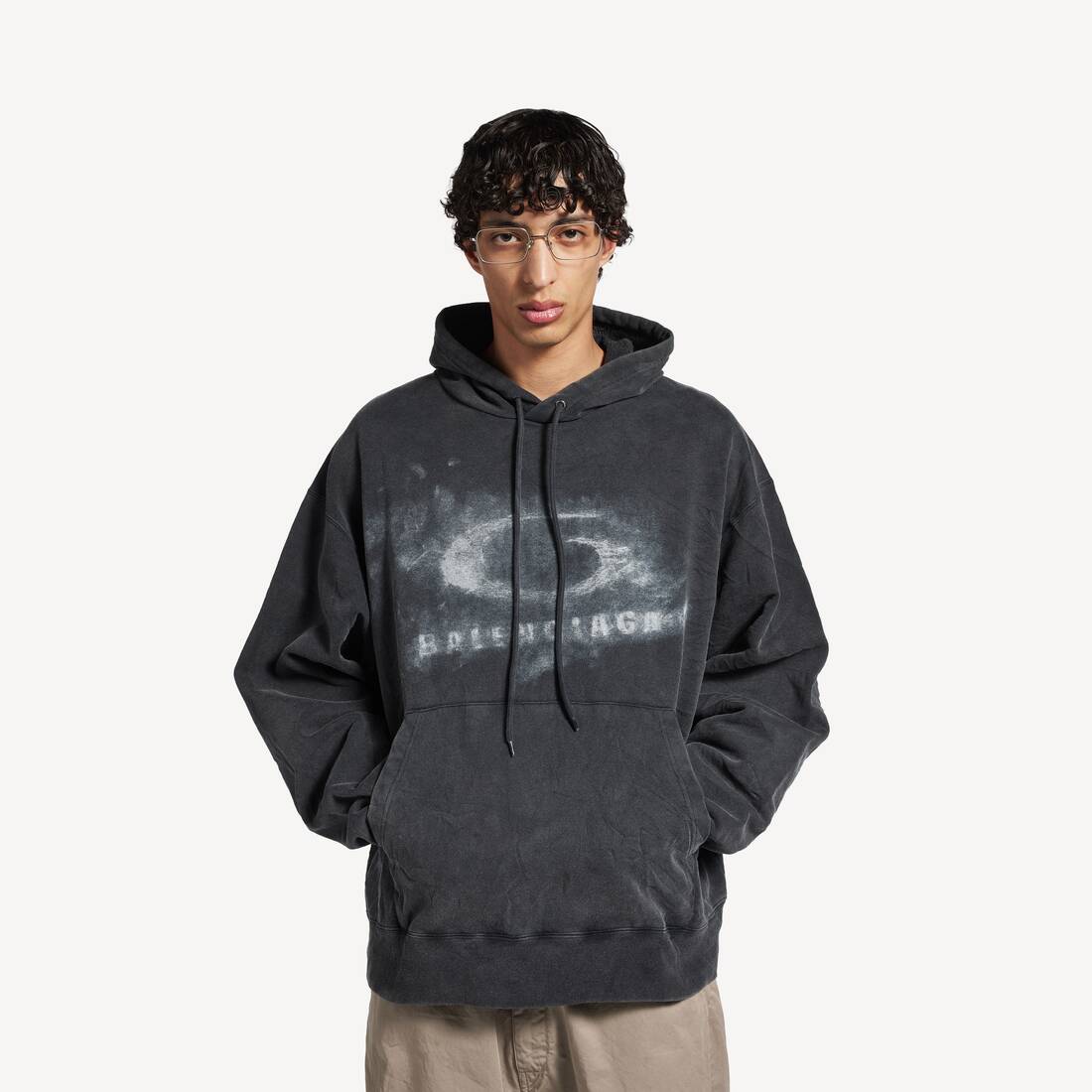 BALENCIAGA WASHED CRAYON LOOP OVERSIZED HOODIE IN WASHED BLACK/WHITE