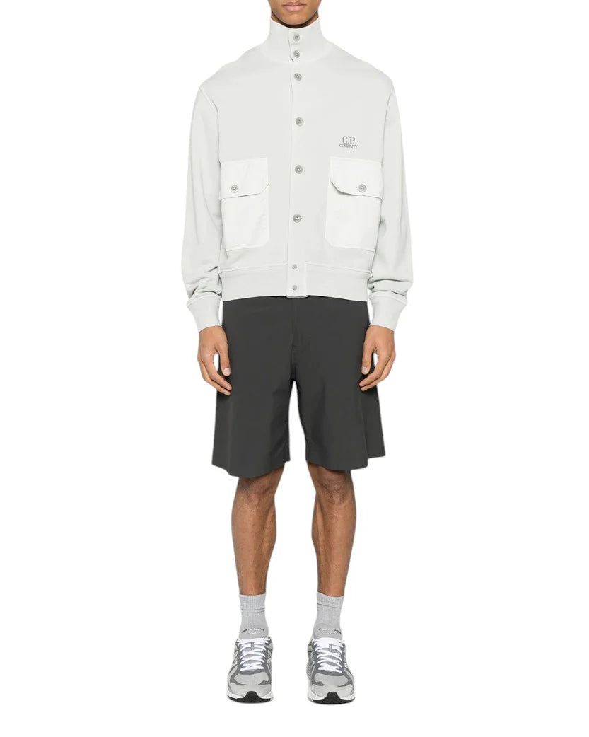 C.P. COMPANY COTTON DIAGONAL FLEECE FULL BUTTON SWEATSHIRT LIGHT GREY