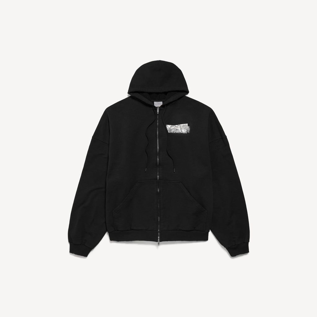 BALENCIAGA SILVER TAPE BALENCIAGA BACK LARGE ZIP-UP HOODIE IN BLACK