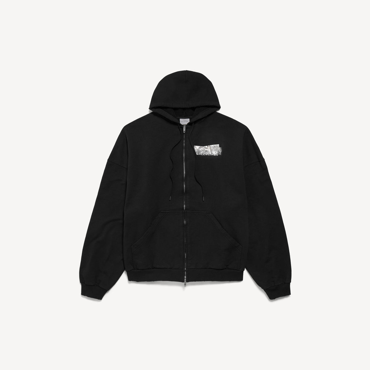 BALENCIAGA SILVER TAPE BALENCIAGA BACK LARGE ZIP-UP HOODIE IN BLACK