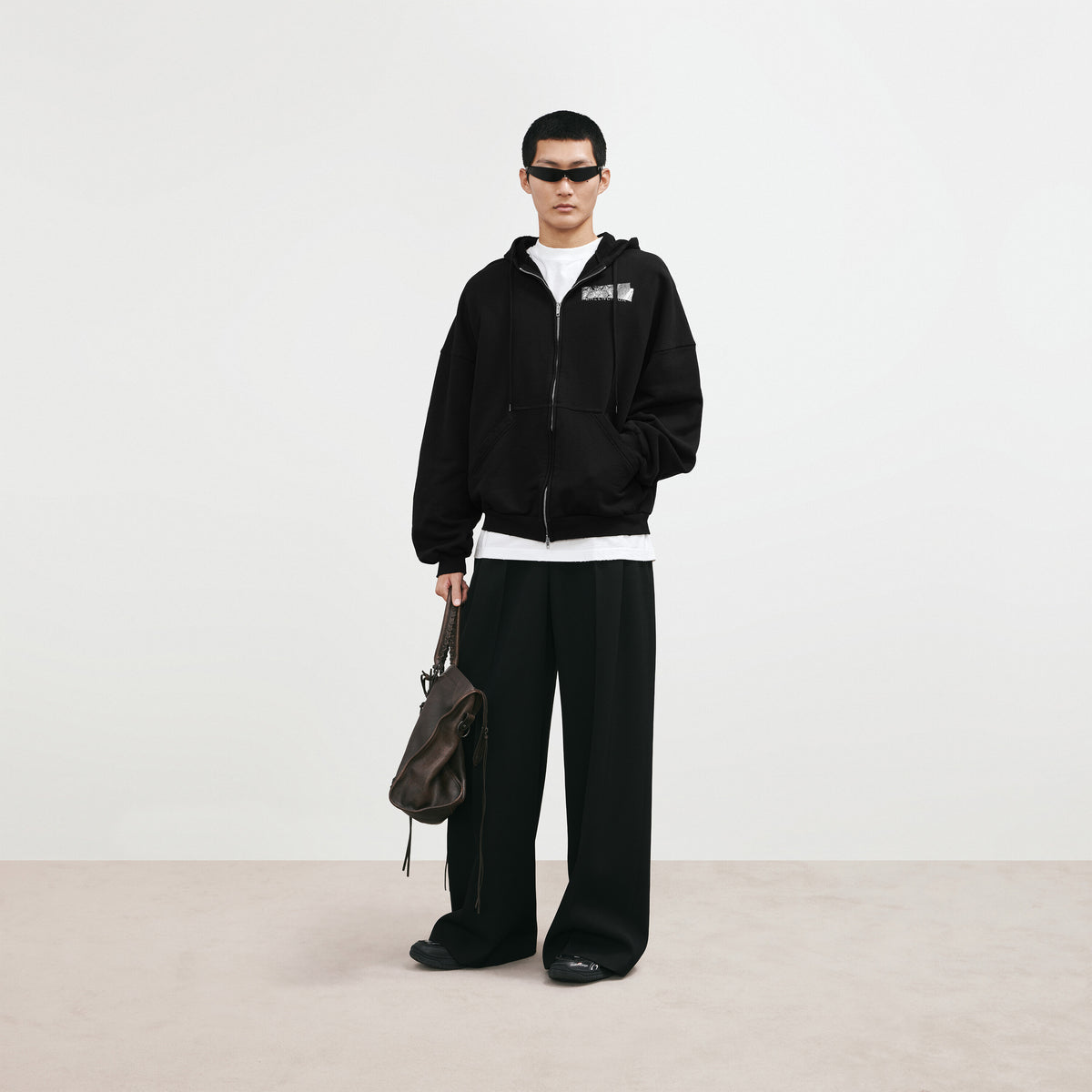 BALENCIAGA SILVER TAPE BALENCIAGA BACK LARGE ZIP-UP HOODIE IN BLACK