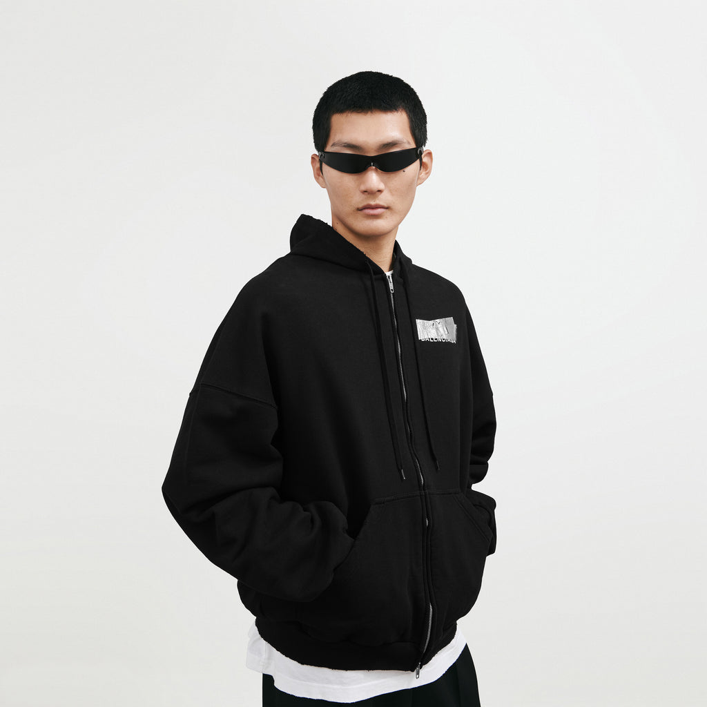 BALENCIAGA SILVER TAPE BALENCIAGA BACK LARGE ZIP-UP HOODIE IN BLACK