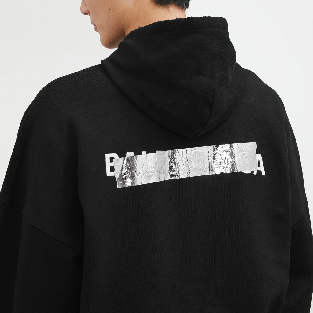 BALENCIAGA SILVER TAPE BALENCIAGA BACK LARGE ZIP-UP HOODIE IN BLACK