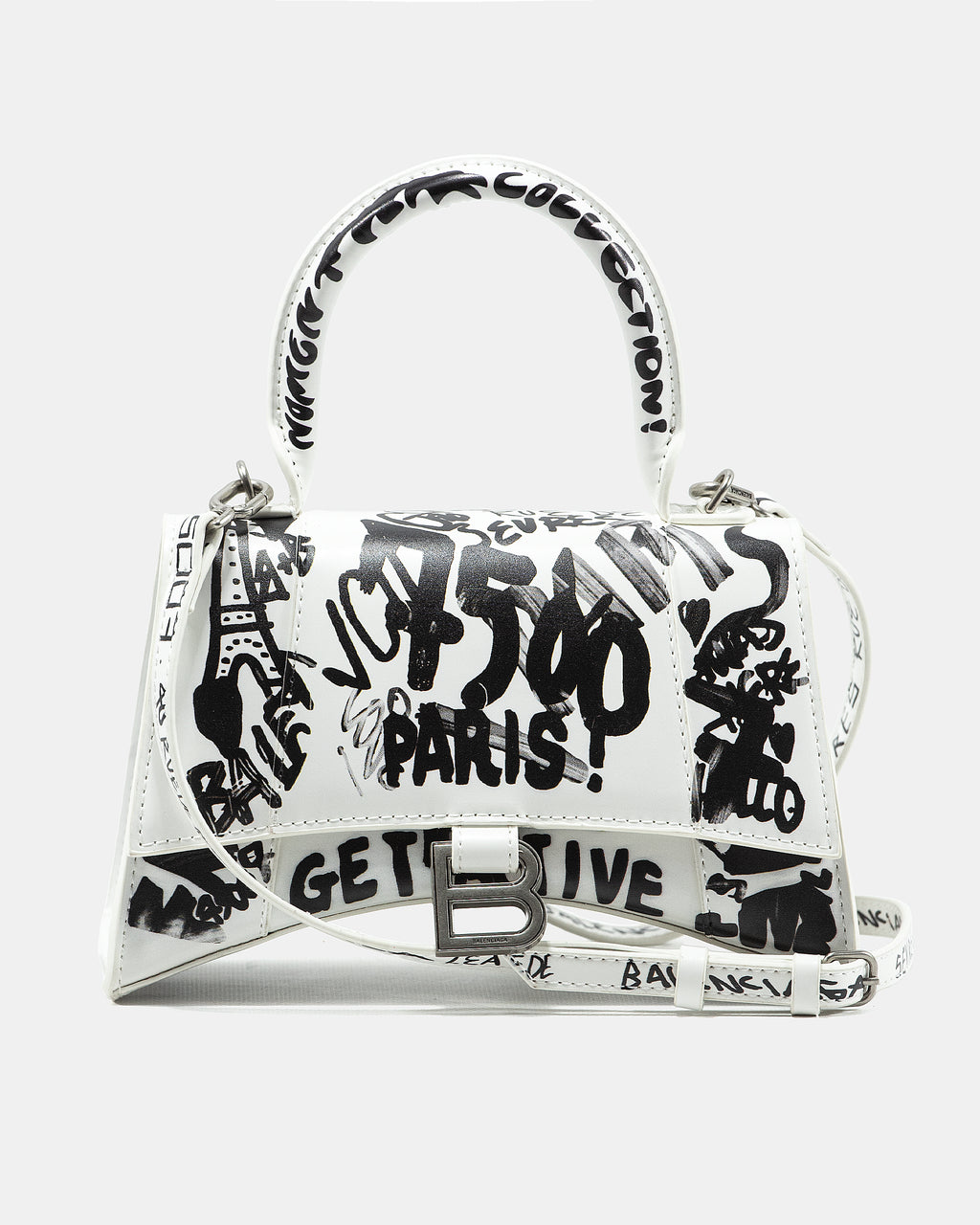 BALENCIAGA HOURGLASS GRAFFITI TOP HANDLE BAG IN WHITE
