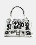 BALENCIAGA HOURGLASS GRAFFITI TOP HANDLE BAG IN WHITE