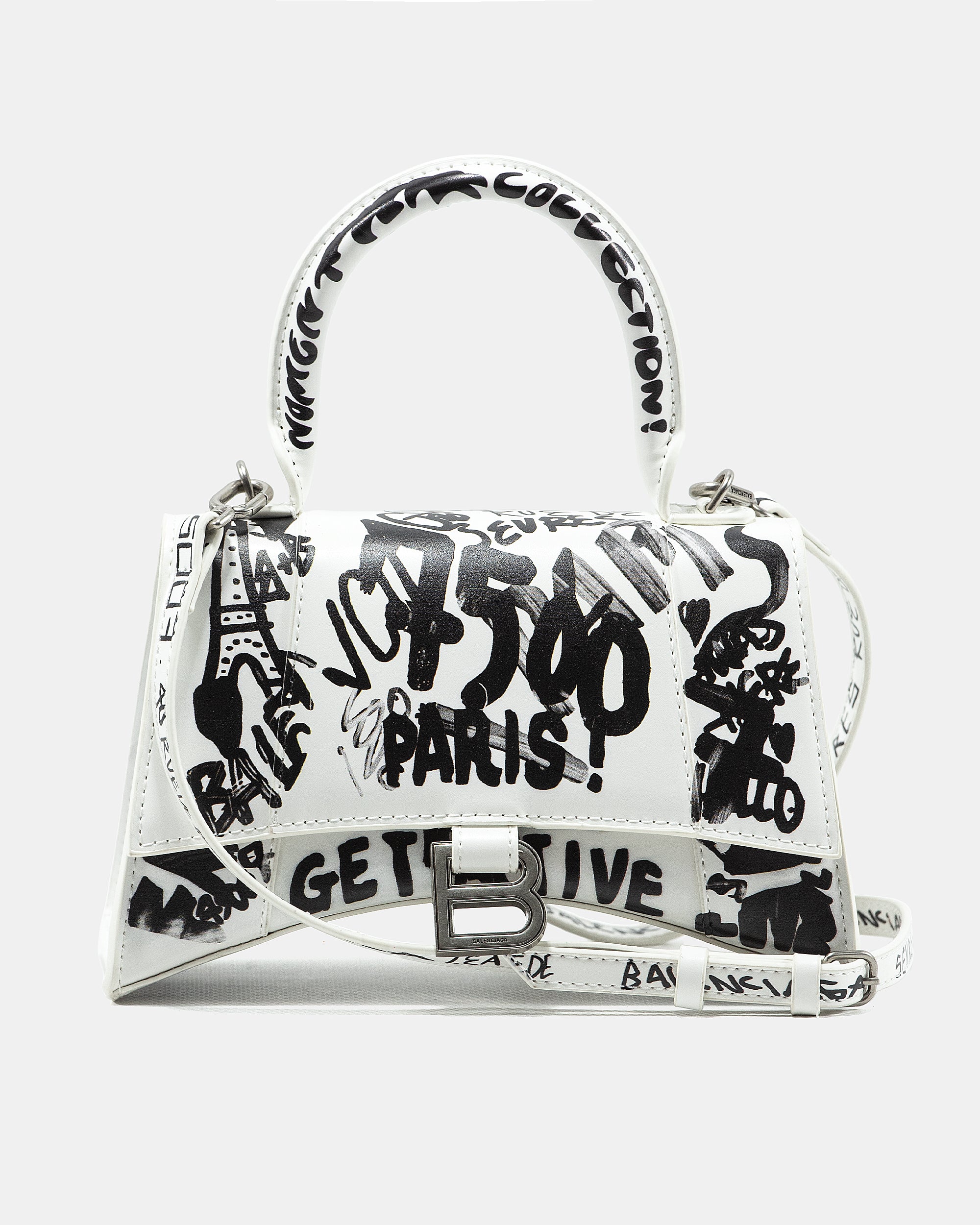 BALENCIAGA HOURGLASS GRAFFITI TOP HANDLE BAG IN WHITE