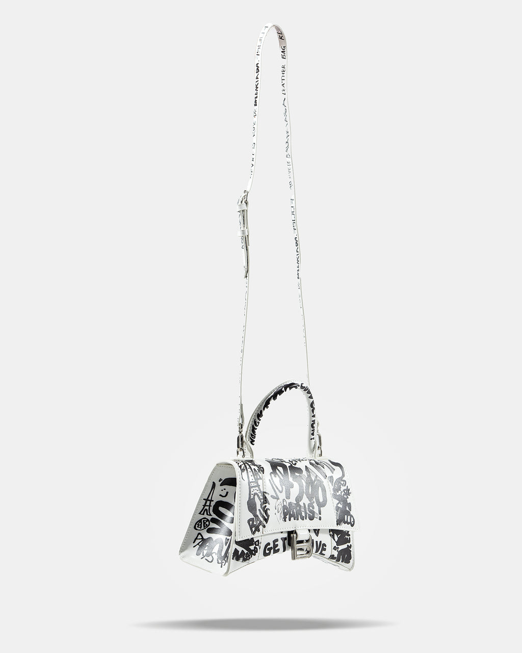 BALENCIAGA HOURGLASS GRAFFITI TOP HANDLE BAG IN WHITE