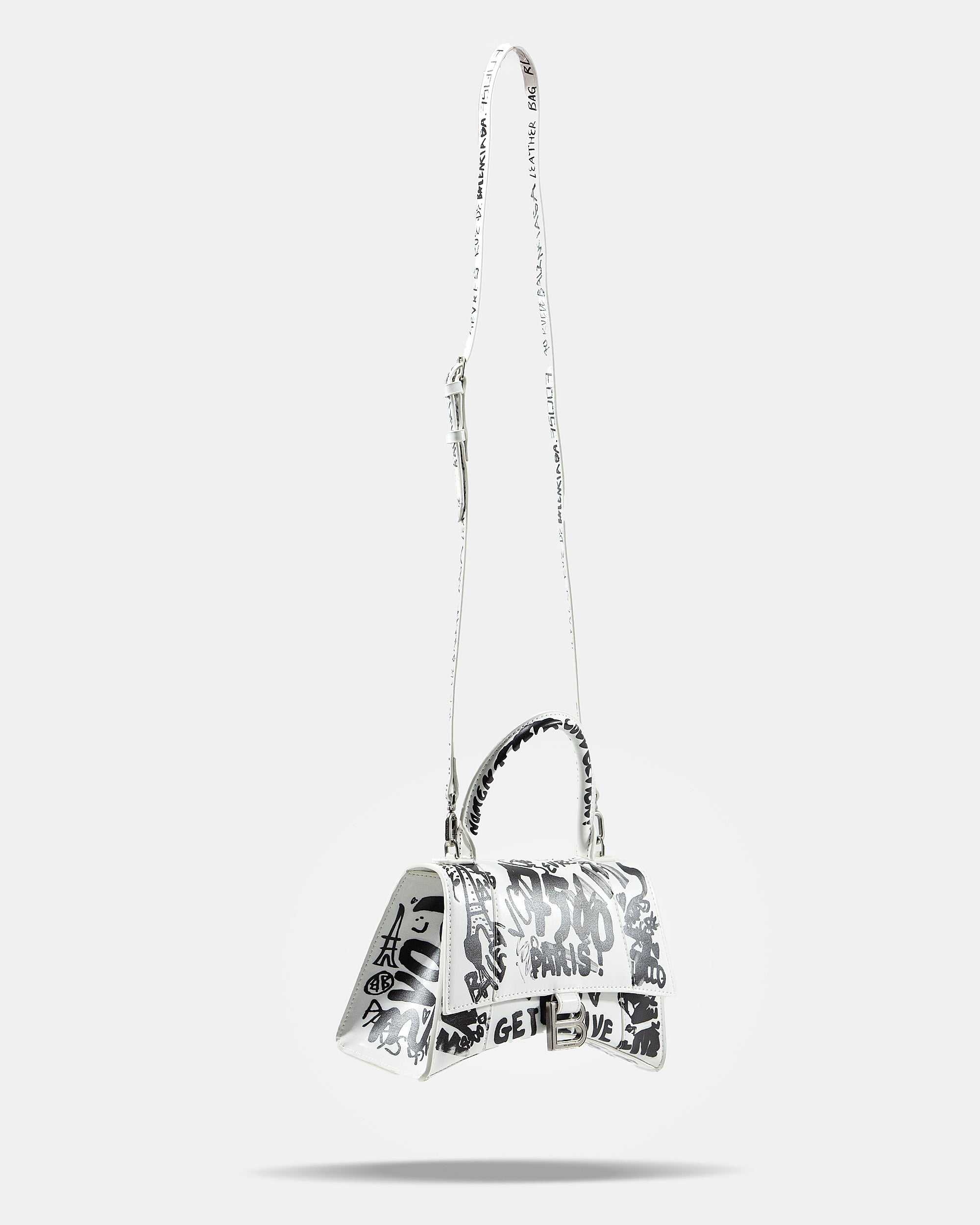 BALENCIAGA HOURGLASS GRAFFITI TOP HANDLE BAG IN WHITE