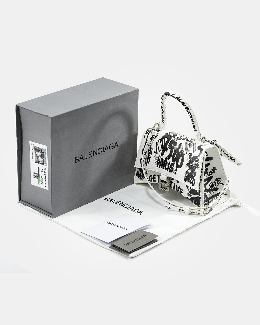BALENCIAGA HOURGLASS GRAFFITI TOP HANDLE BAG IN WHITE