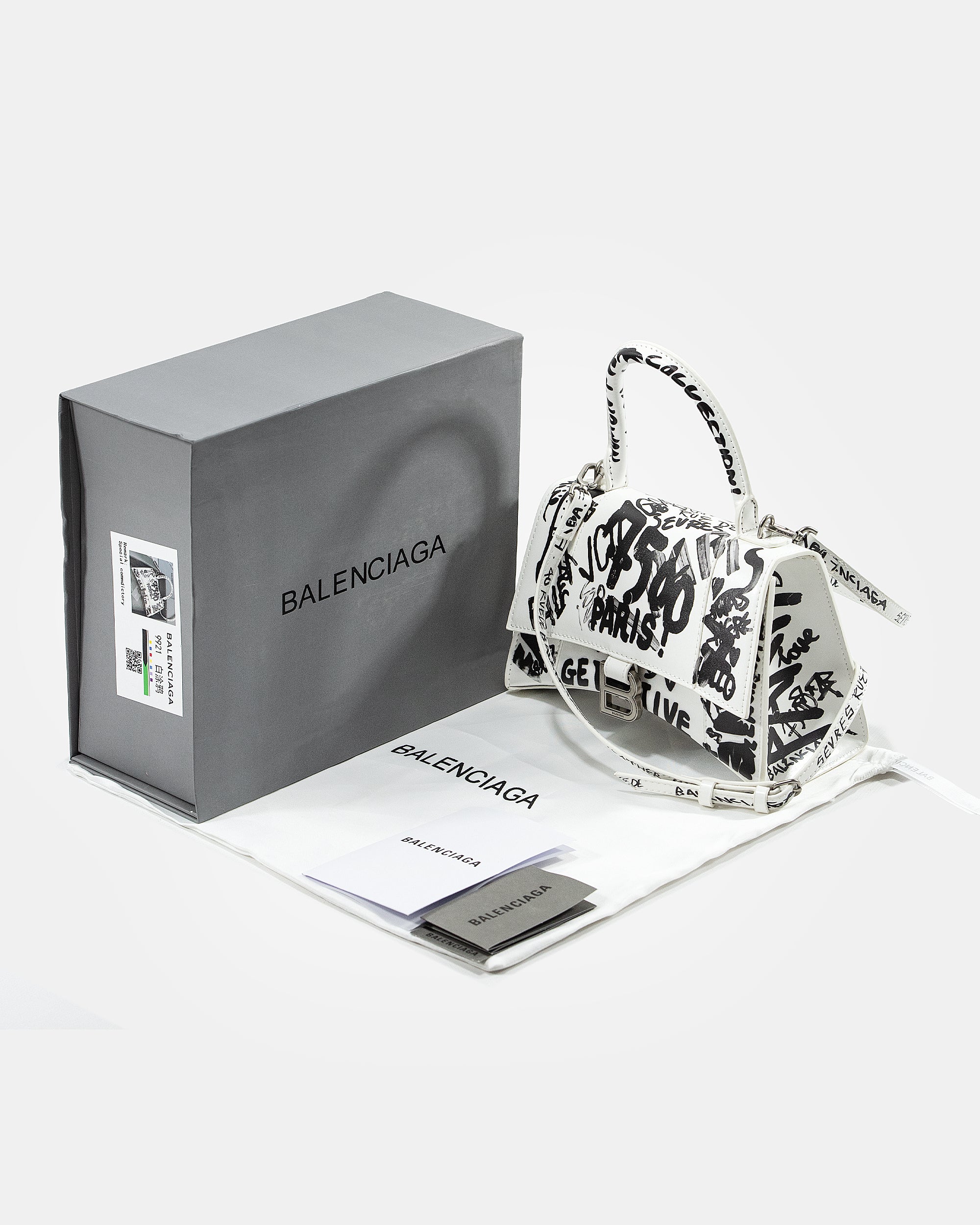 BALENCIAGA HOURGLASS GRAFFITI TOP HANDLE BAG IN WHITE