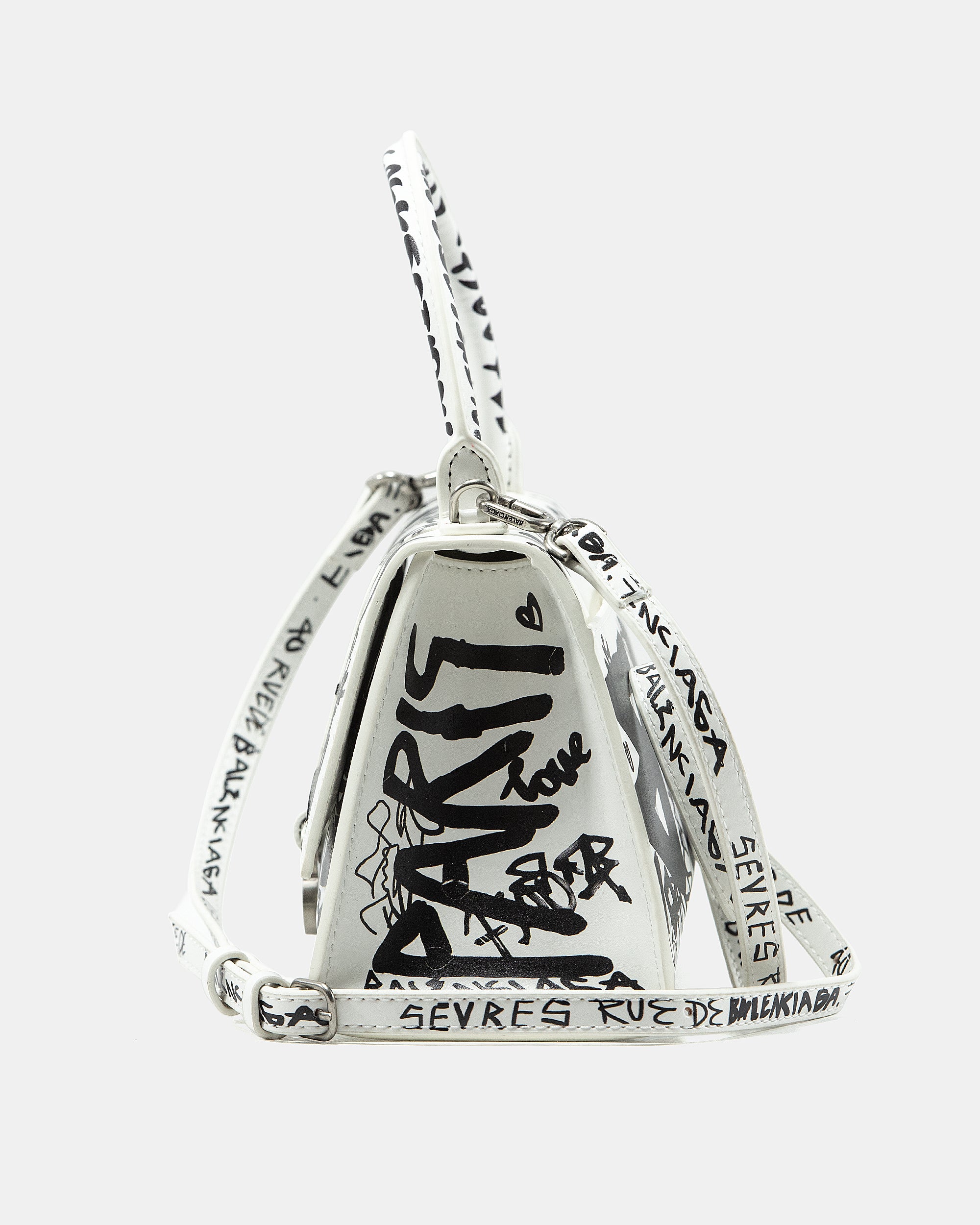 BALENCIAGA HOURGLASS GRAFFITI TOP HANDLE BAG IN WHITE