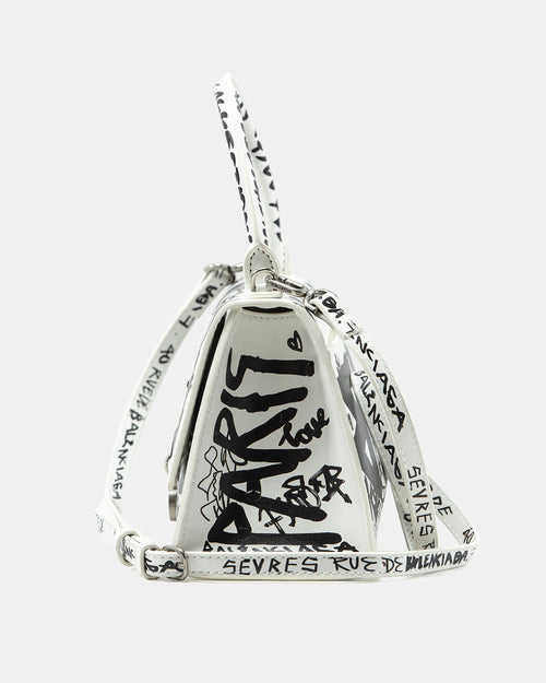 BALENCIAGA HOURGLASS GRAFFITI TOP HANDLE BAG IN WHITE
