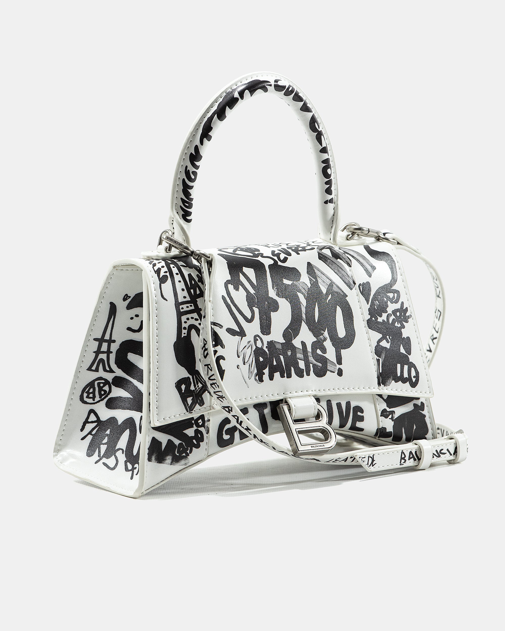 BALENCIAGA HOURGLASS GRAFFITI TOP HANDLE BAG IN WHITE