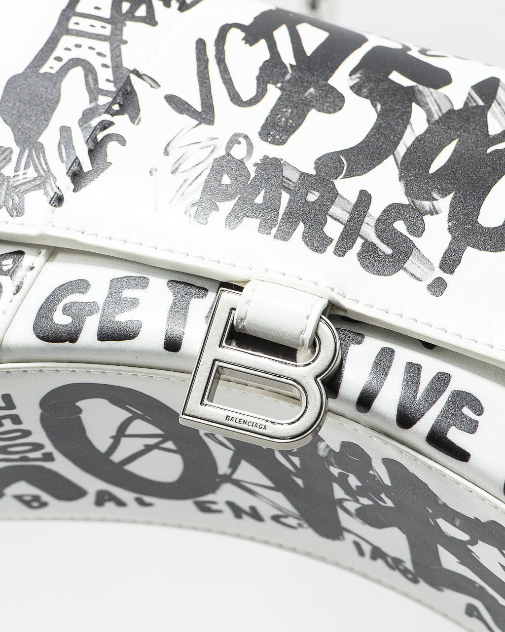 BALENCIAGA HOURGLASS GRAFFITI TOP HANDLE BAG IN WHITE