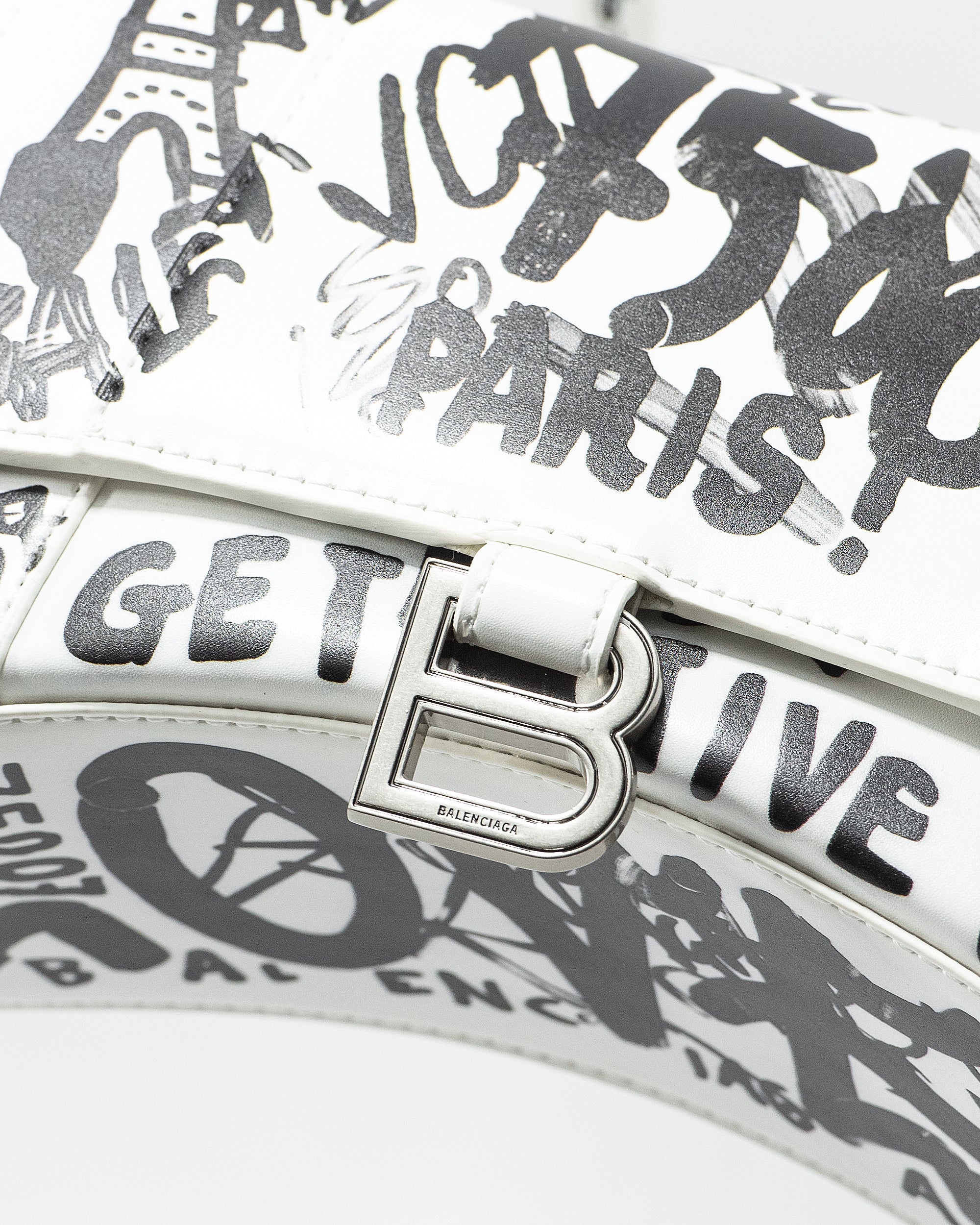 BALENCIAGA HOURGLASS GRAFFITI TOP HANDLE BAG IN WHITE