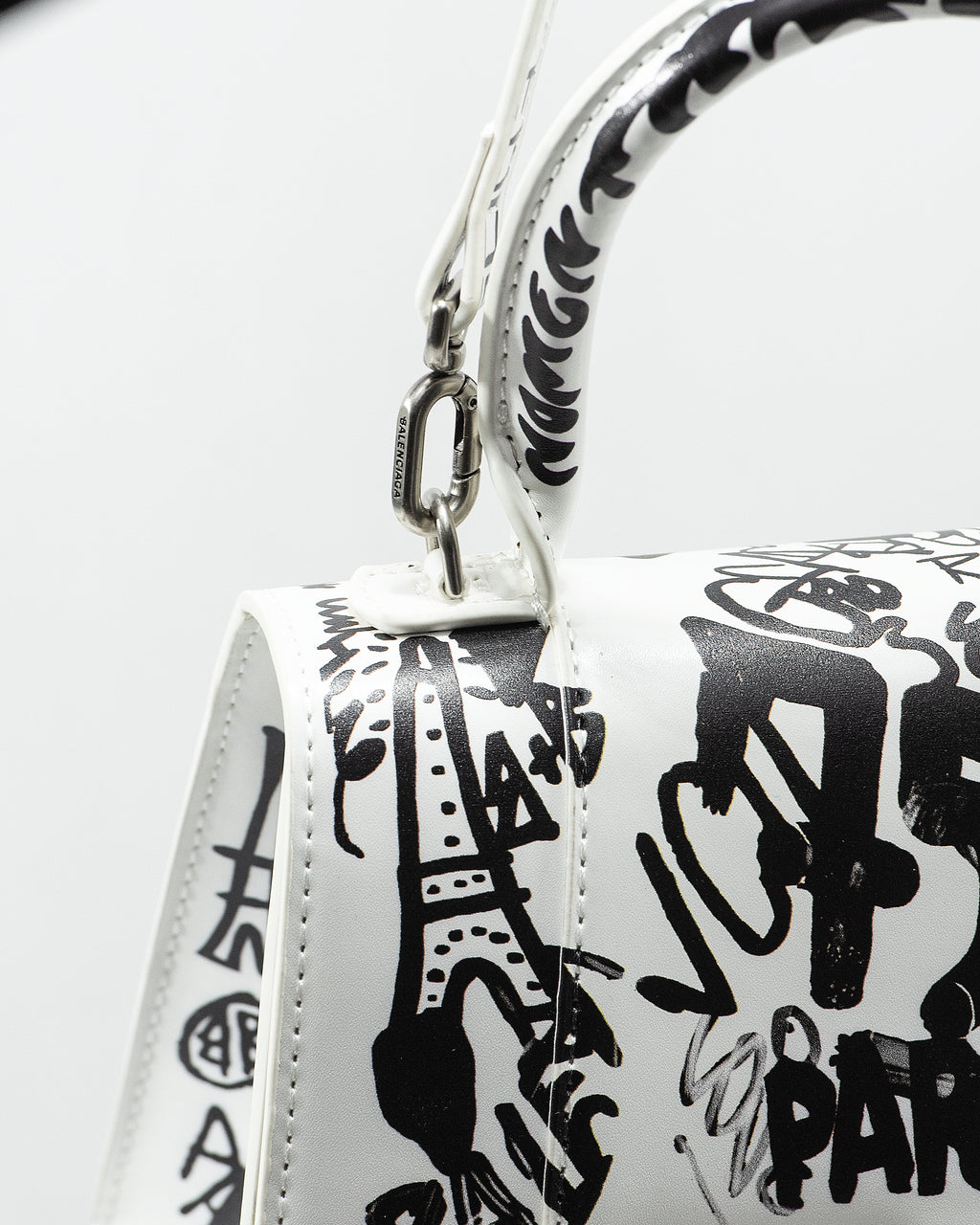 BALENCIAGA HOURGLASS GRAFFITI TOP HANDLE BAG IN WHITE