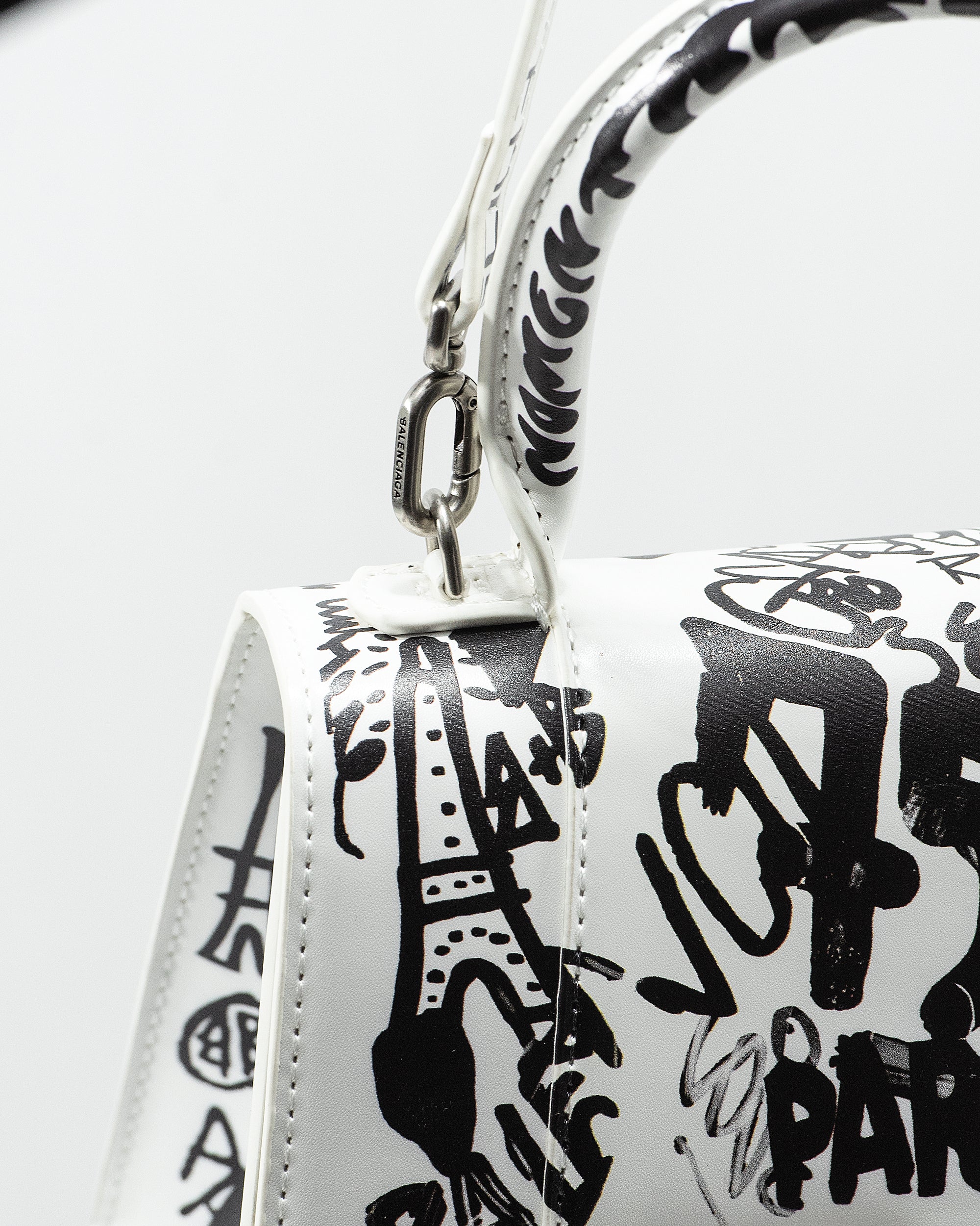 BALENCIAGA HOURGLASS GRAFFITI TOP HANDLE BAG IN WHITE