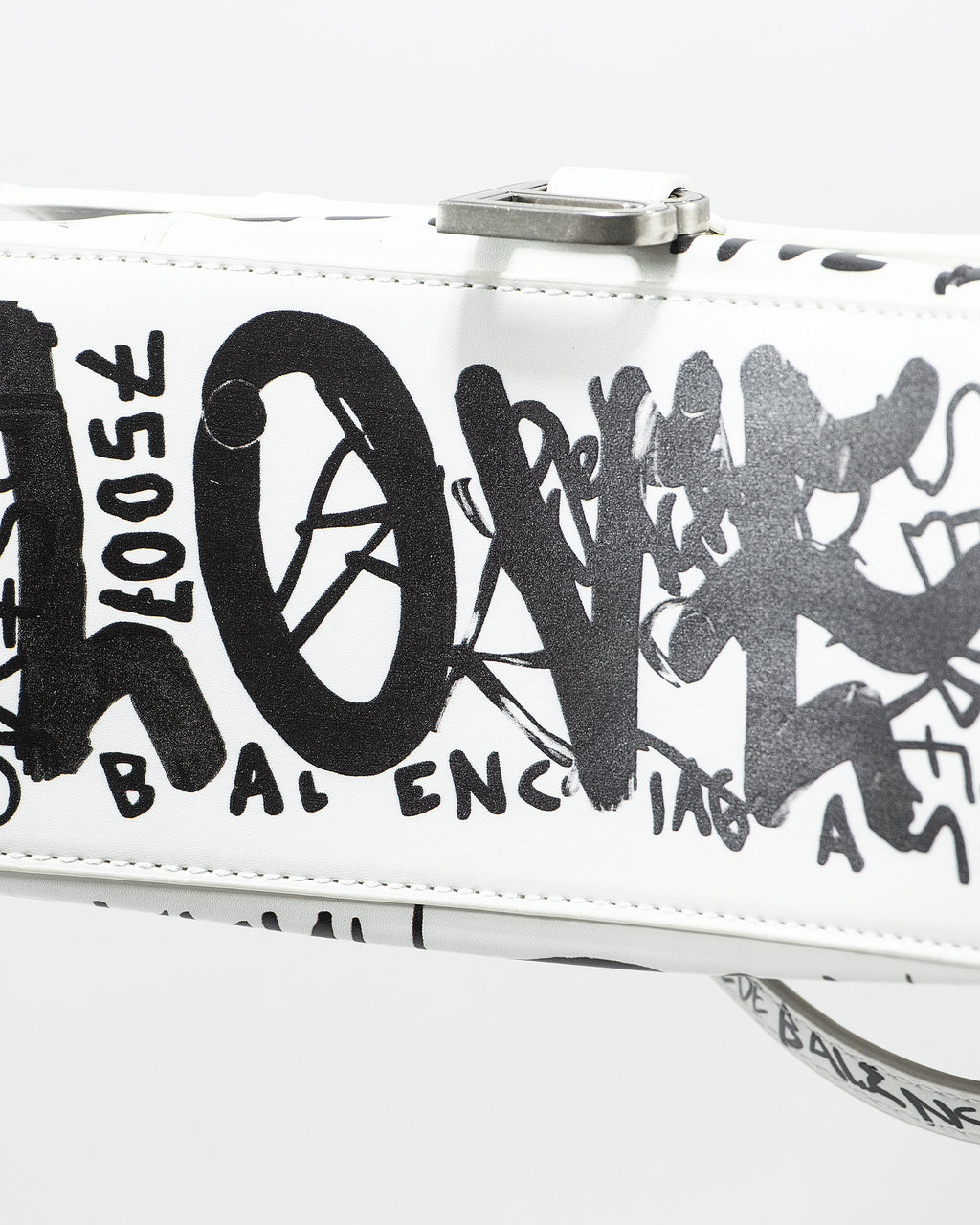 BALENCIAGA HOURGLASS GRAFFITI TOP HANDLE BAG IN WHITE