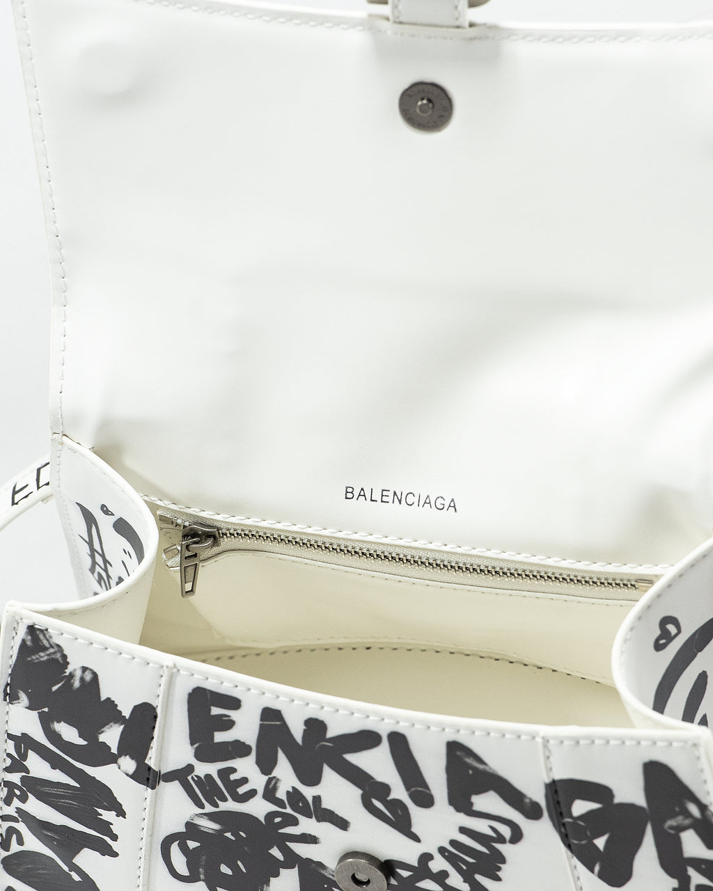 BALENCIAGA HOURGLASS GRAFFITI TOP HANDLE BAG IN WHITE