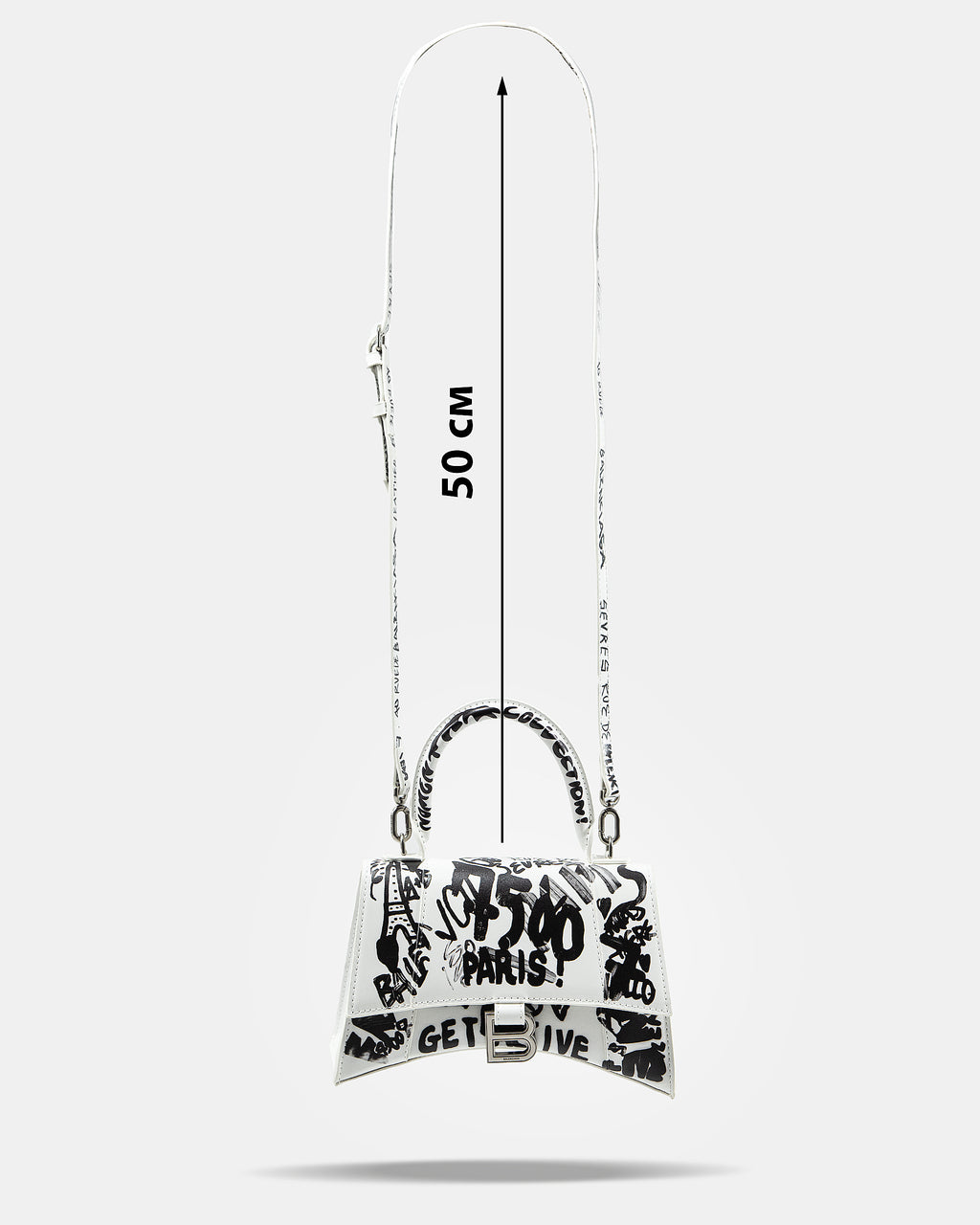 BALENCIAGA HOURGLASS GRAFFITI TOP HANDLE BAG IN WHITE
